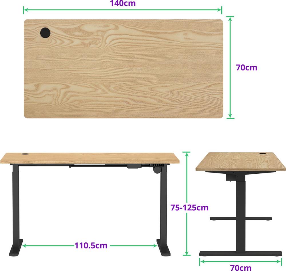 Afbeelding van een verstelbaar bureau met een houten tafelblad en zwarte metalen poten. De afmetingen van het bureau zijn 140 cm breed, 70 cm diep, en de hoogte is instelbaar van 75 tot 125 cm.