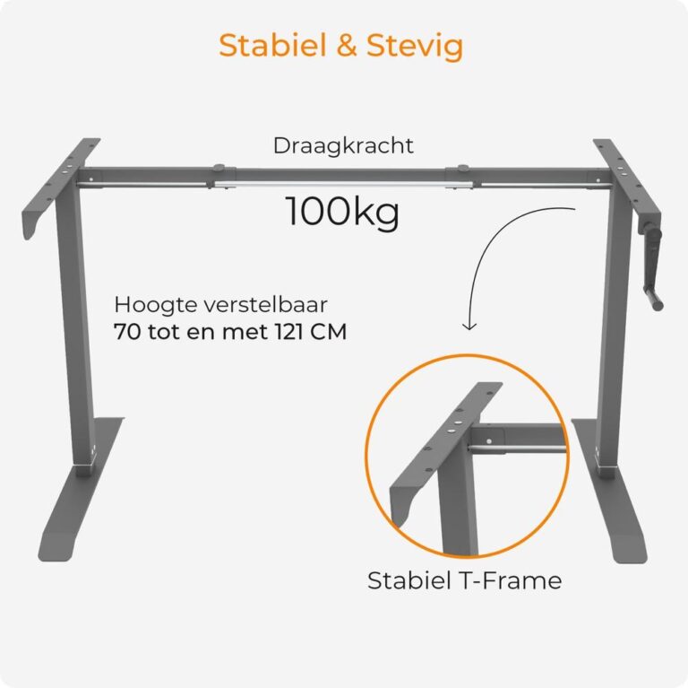 Afbeelding van een verstelbaar T-frame bureau met een draagkracht van 100 kg. De hoogte is instelbaar van 70 tot 121 cm, wat zorgt voor stabiliteit en stevigheid.