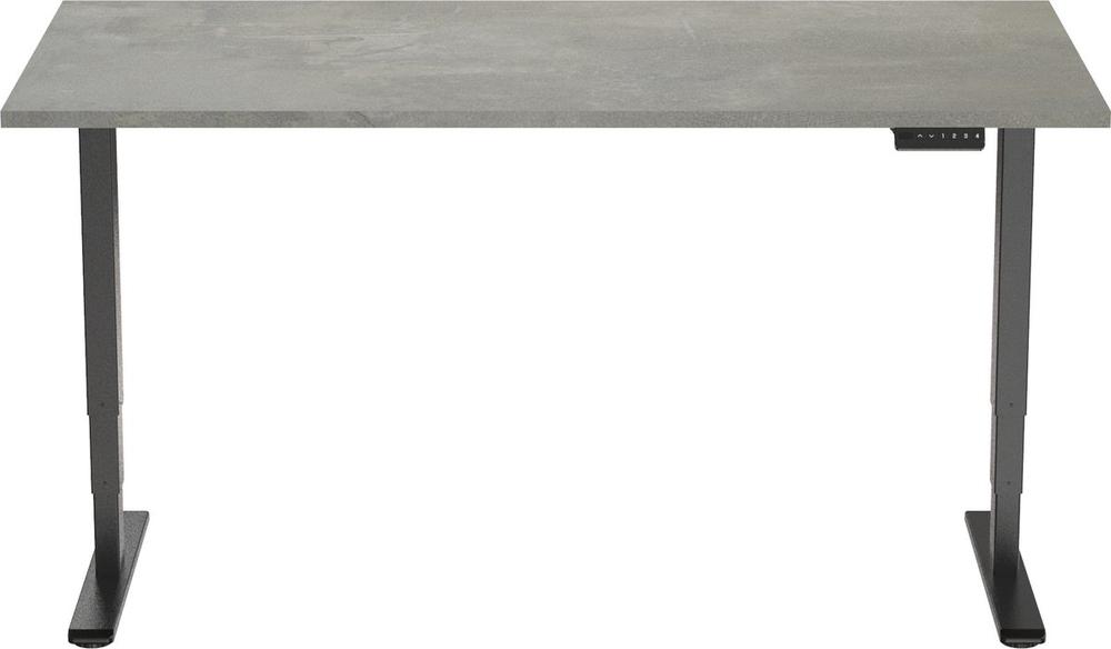 Zwarte bureau met een gelijkmatige, lichtgrijze bovenkant, geschikt voor een moderne werkruimte. De stevige poten bieden stabiliteit en een eigentijdse uitstraling.