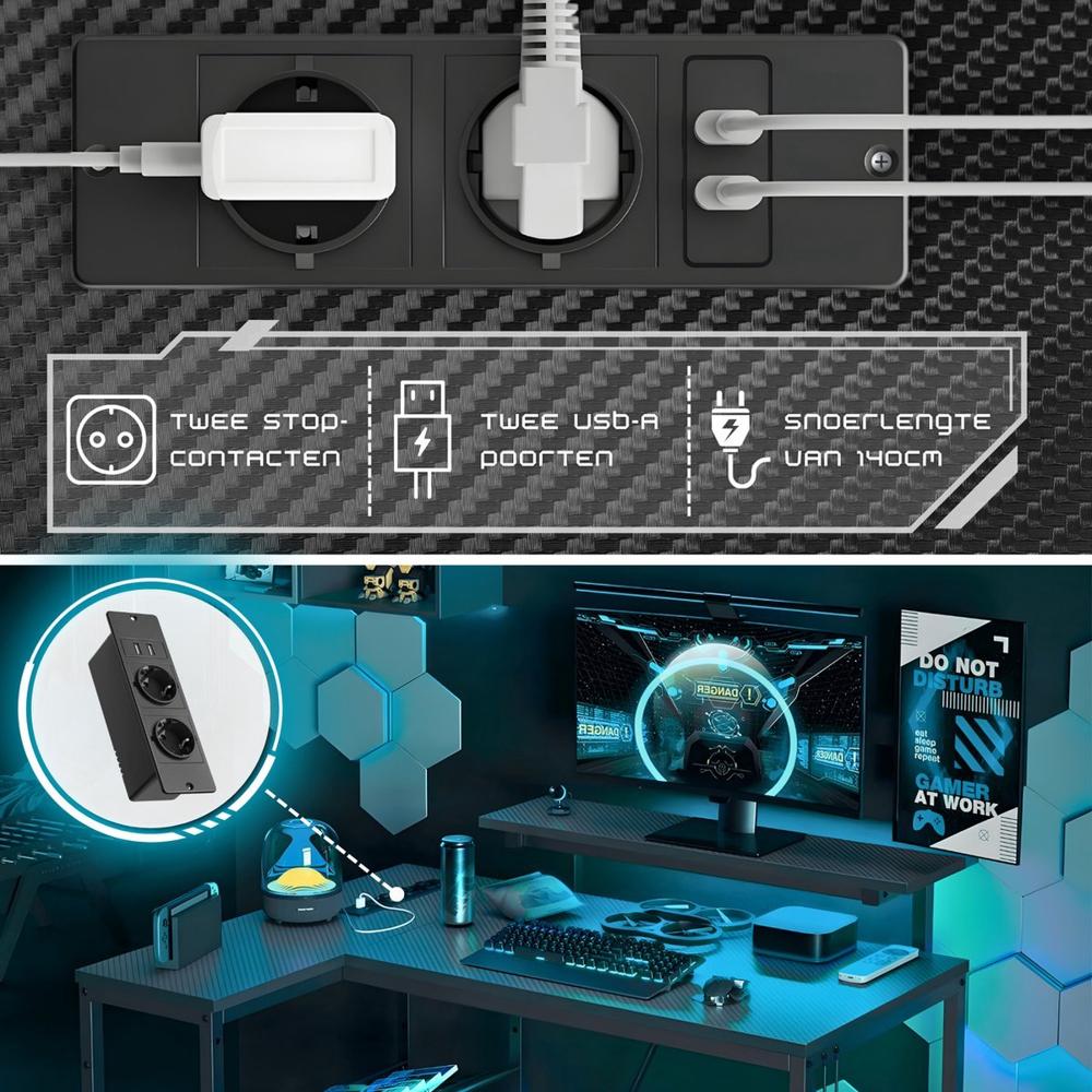 Zwarte Stroomdoos Gaming Setup 140Cm Usb