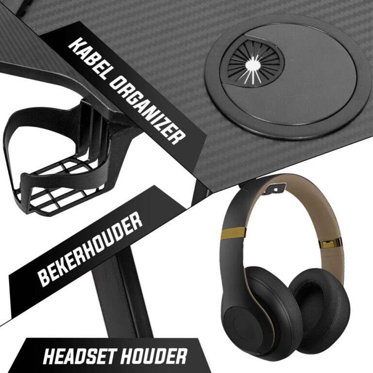 Afbeelding van een bureauaccessoire met labels voor verschillende functies. De accessoires omvatten een kabelorganiser, een bekerhouder en een headsethouder, waarmee gebruiksgemak en netheid worden bevorderd.