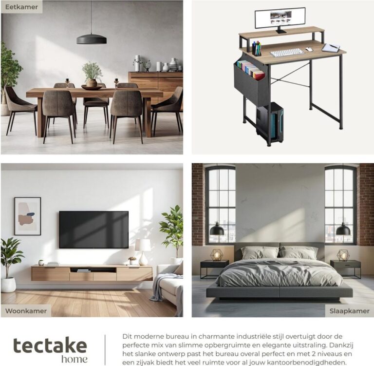 Een collage met vier verschillende kamers: een moderne eetkamer met houten meubels en planten, een stijlvol bureau met een computer, een woonkamer met een televisie en planten, en een sfeervolle slaapkamer met een groot bed. Elke kamer toont een eigentijdse inrichting, ontworpen voor functionaliteit en esthetiek.