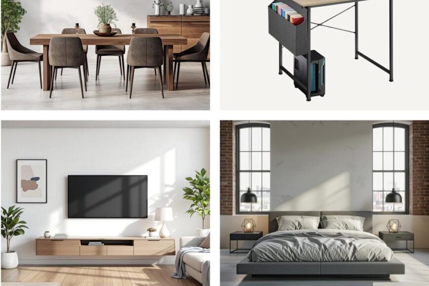 Een collage met vier verschillende kamers: een moderne eetkamer met houten meubels en planten, een stijlvol bureau met een computer, een woonkamer met een televisie en planten, en een sfeervolle slaapkamer met een groot bed. Elke kamer toont een eigentijdse inrichting, ontworpen voor functionaliteit en esthetiek.