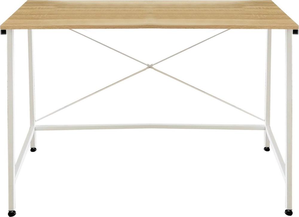 Een eenvoudige, moderne tafel met een houten blad en een wit metalen onderstel. De tafel heeft vier rechte poten met zwarte rubberen glijders voor bescherming van de vloer.
