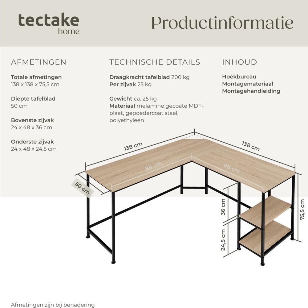 Hoekbureau Specificaties Afmetingen Technische Details Melamine Gemonteerde Mdf