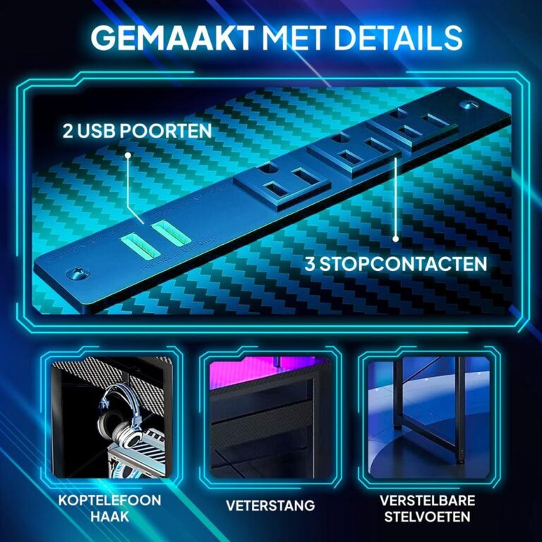 Afbeelding van een krachtstrip met 3 stopcontacten en 2 USB-poorten, waaronder labels die de functies benadrukken. De achtergrond heeft een moderne, futuristische uitstraling met neonblauwe accenten en een koolstofvezelpatroon.