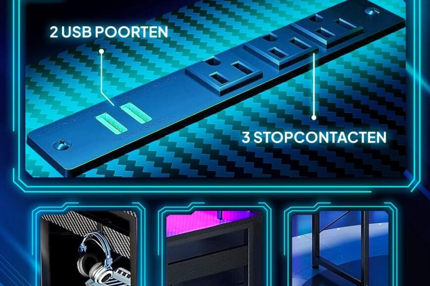 Afbeelding van een krachtstrip met 3 stopcontacten en 2 USB-poorten, waaronder labels die de functies benadrukken. De achtergrond heeft een moderne, futuristische uitstraling met neonblauwe accenten en een koolstofvezelpatroon.