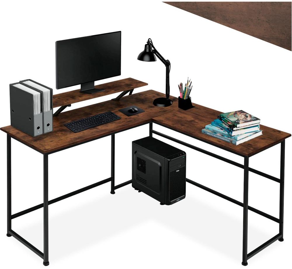 L Vormig Bureau Donker Hout Met Metalen Onderbouw