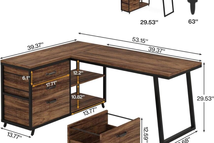 Afbeelding van een L-vormig bureau met een donkerbruine houtafwerking en metalen onderstel, voorzien van twee lades en een open vak voor opslag. De afmetingen van het bureau zijn aangegeven, samen met een silhouet van een persoon voor schaalreferentie.