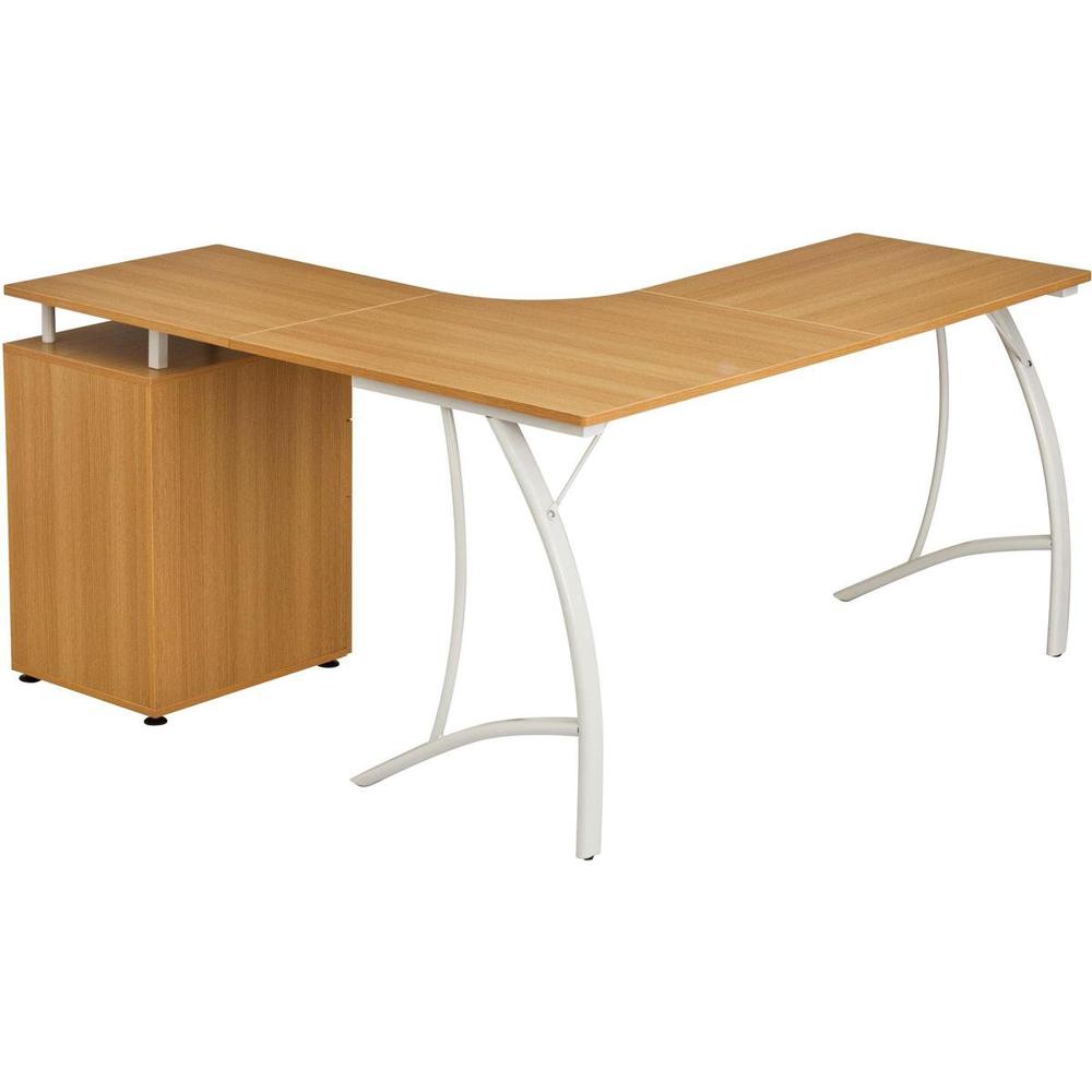 Een modern bureau met een gebogen blad in een houtlook, voorzien van een metalen onderstel in het wit. Links van het bureau bevindt zich een bijpassende kast voor extra opbergruimte.