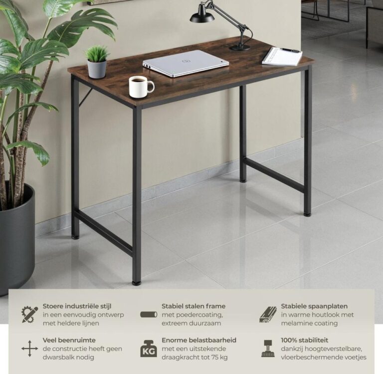 Een modern bureau met een houten blad en een zwart stalen frame, uitgerust met een laptop, een notitieboekje en een koffiekopje. De afbeelding benadrukt de industriële stijl en biedt belangrijke informatie over de stabiliteit en het ontwerp van het bureau.
