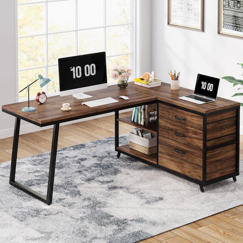 Modern Houten Bureau Metaal Frame Twee Computers Kantooraccessoires