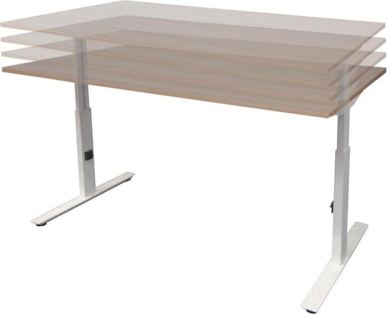 Een moderne bureautafel met een houten blad en verstelbare hoogte. De tafel heeft een minimalistisch design met een metalen frame in een industriële uitstraling.