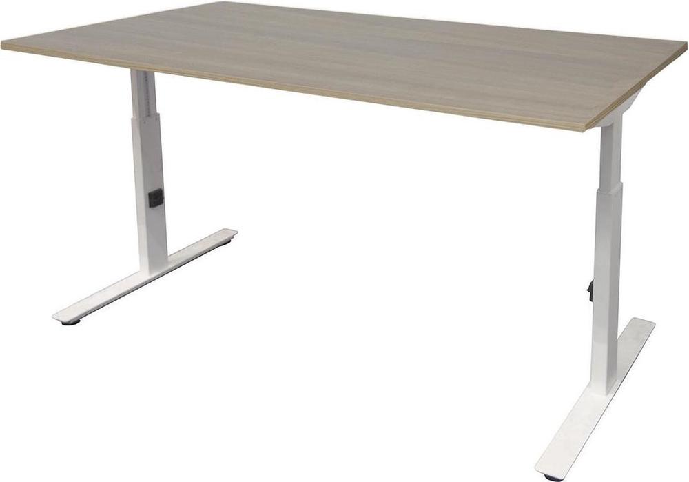 Moderne Verstelbare Bureau Lichtgekleurde Houten Blad Wit Metalen Onderstel Ergonomisch