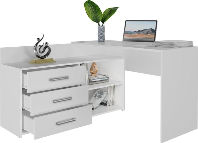 Moderne witte bureau met drie lades en open rekken voor boeken en documenten. Bovenop het bureau staan een laptop en een vaas met een groene plant, wat bijdraagt aan een frisse en opgeruimde uitstraling.