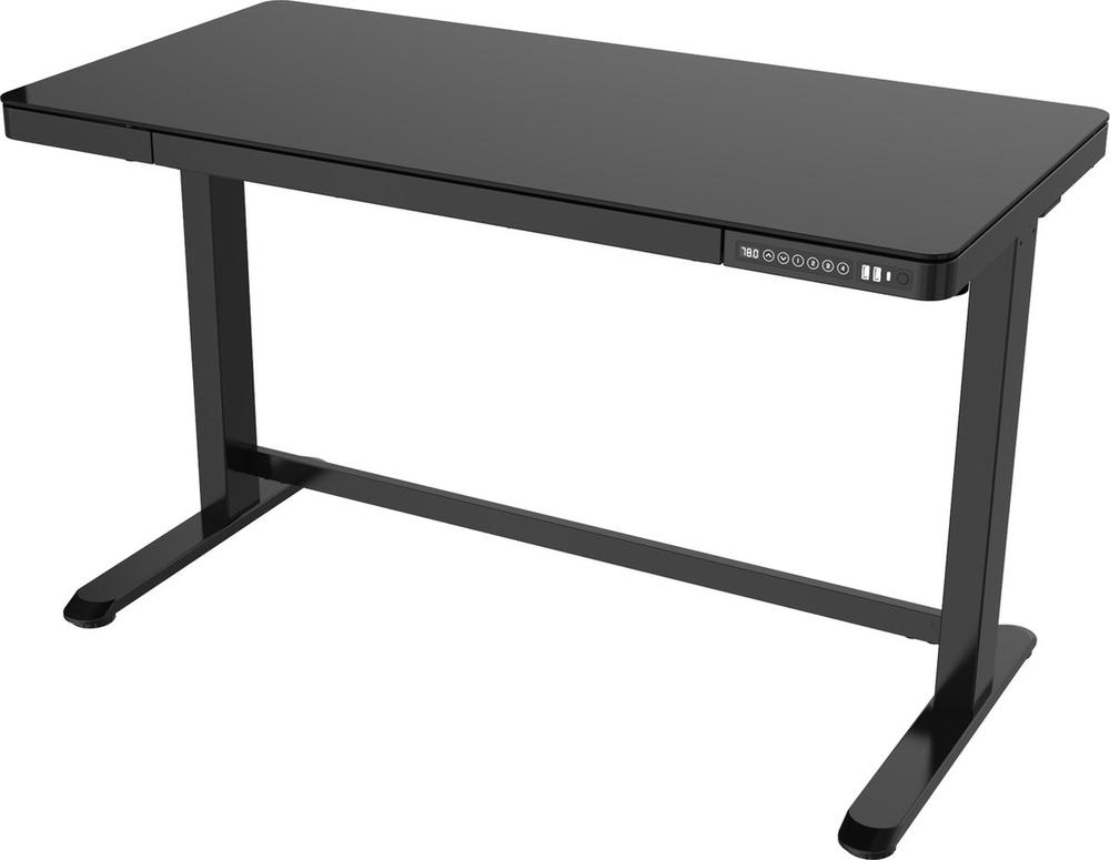 Een moderne, zwarte bureau met een gladde afwerking en een strakke, minimalistische uitstraling. Het bureau is uitgerust met een bedieningspaneel aan de zijkant voor gebruiksgemak.