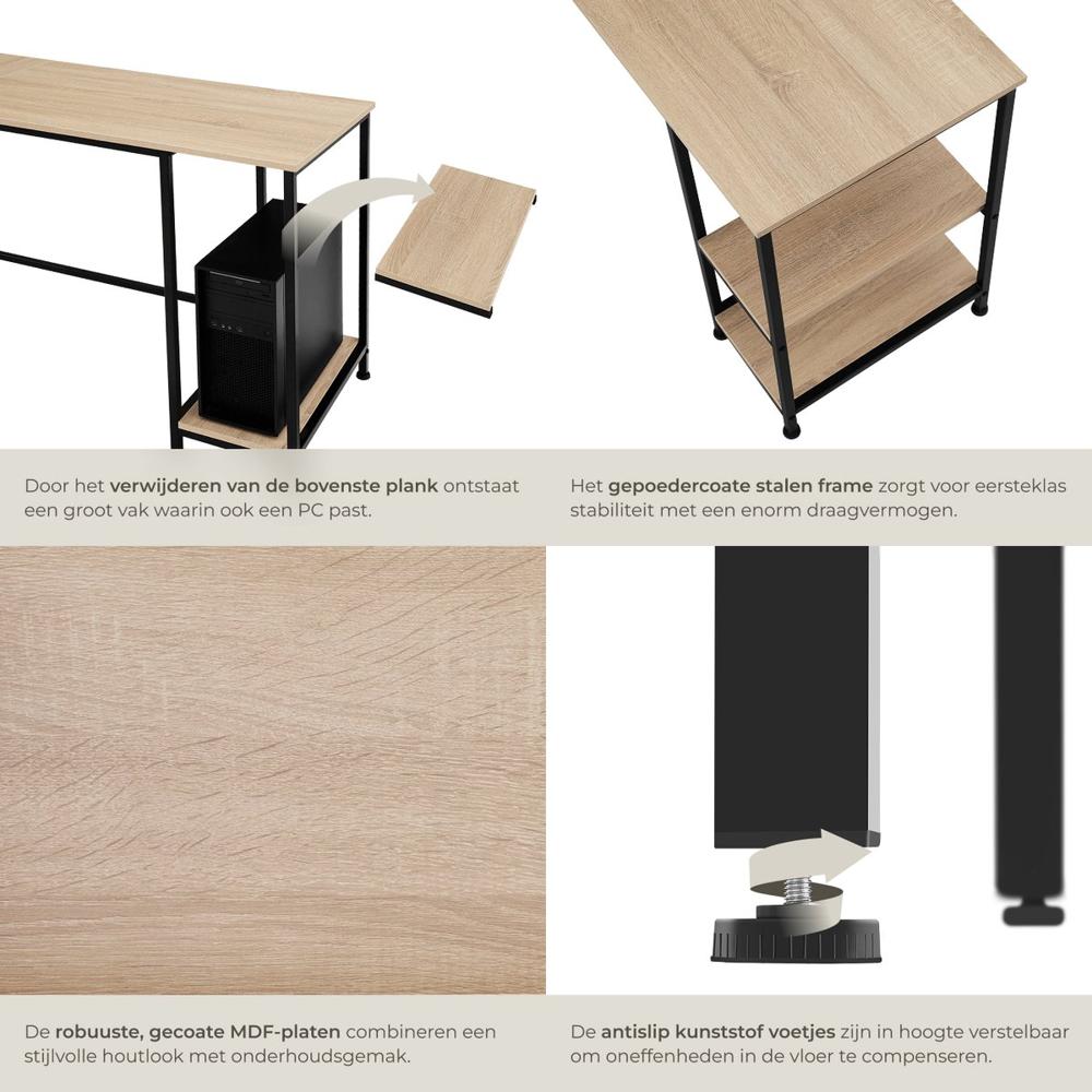 Multifunctionele Bureautafel Lichtkleurig Houten Blad Zwart Metaal Uitschuifbare Plank Verstelbare Voetjes