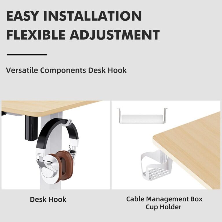 Afbeelding van een multifunctionele desk hook met een paar koptelefoons eraan bevestigd, en een kabelbeheerdoos en bekerhouder aan de rechterkant. De afbeelding benadrukt de eenvoudige installatie en flexibele aanpassingsmogelijkheden van de desk hook.