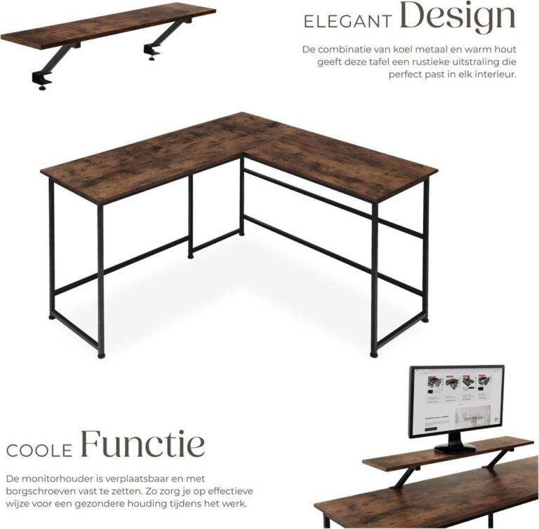 Een stijlvolle L-vormige bureau met een combinatie van donker hout en zwart metaal. De afbeelding toont ook een verstelbare monitorhouder die bijdraagt aan een ergonomische werkhouding.