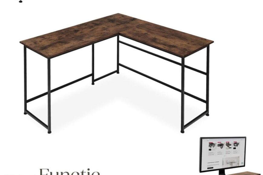 Een stijlvolle L-vormige bureau met een combinatie van donker hout en zwart metaal. De afbeelding toont ook een verstelbare monitorhouder die bijdraagt aan een ergonomische werkhouding.