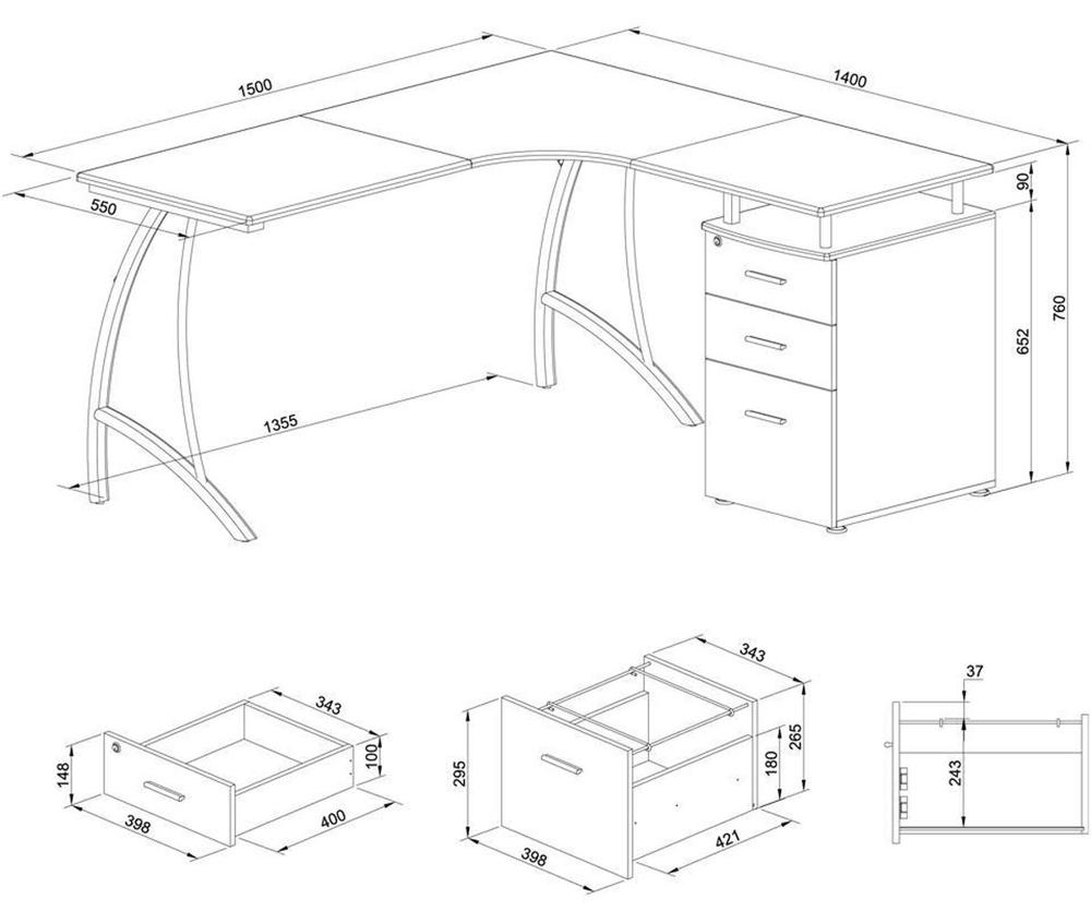 Technische Tekening Bureau L Vormig Met Lade Indelingen