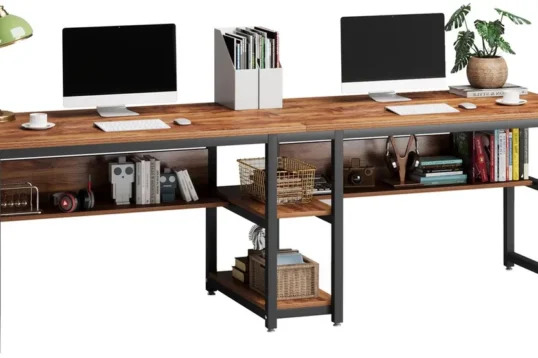 TRIBESIGNS bureau - Dubbel lang bureau in bruin/zwarte uitvoering met twee computers en opbergplanken