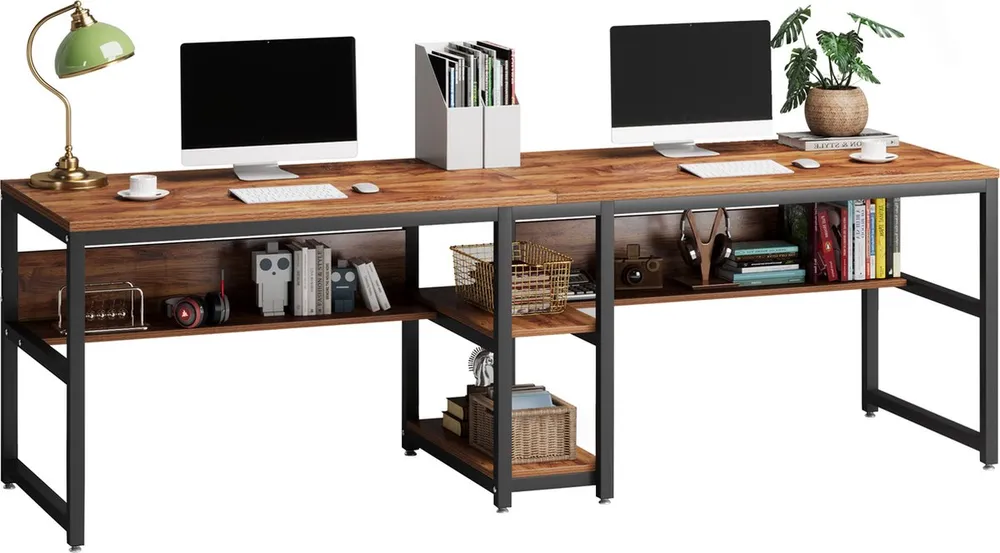 Tribesigns Bureau Dubbel Lang Bureau Bruin Zwart Uitvoering Twee Computers Opbergplanken