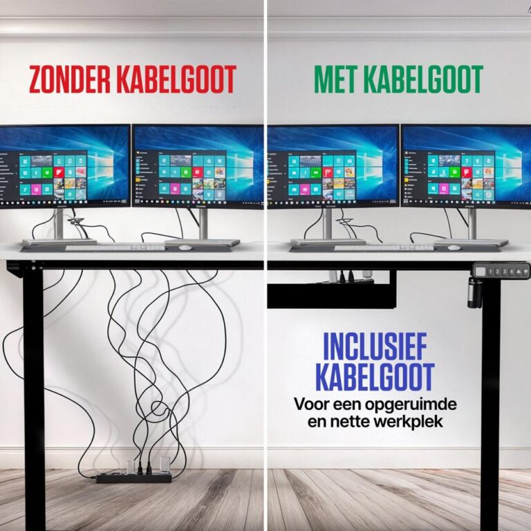 Afbeelding met twee werkplekken naast elkaar, waarbij de linkerkant zonder kabelgoot en de rechterkant met kabelgoot is afgebeeld. De kabels zijn op de linkerkant zichtbaar en rommelig, terwijl de rechterkant een opgeruimde uitstraling heeft dankzij de kabelgoot, met als tekst "INCLUSIEF KABELGOOT".
