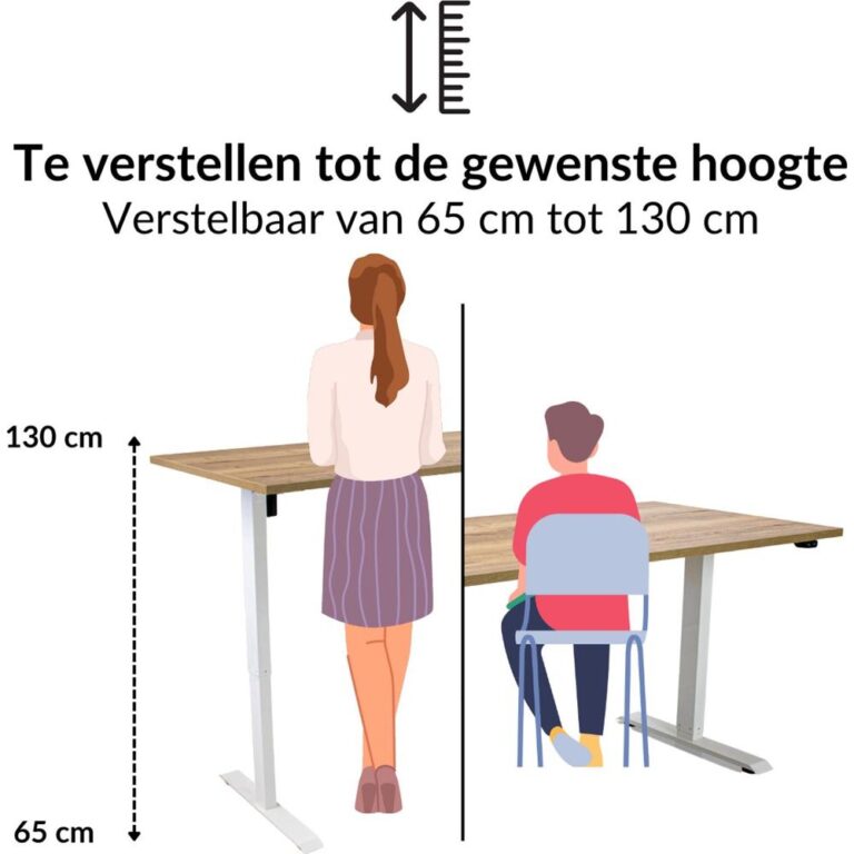 Afbeelding van een verstelbare bureau met een hoogte van 65 cm tot 130 cm. Links staat een vrouw bij het bureau en rechts zit een jongen op een stoel, beiden in een illustratieve stijl.