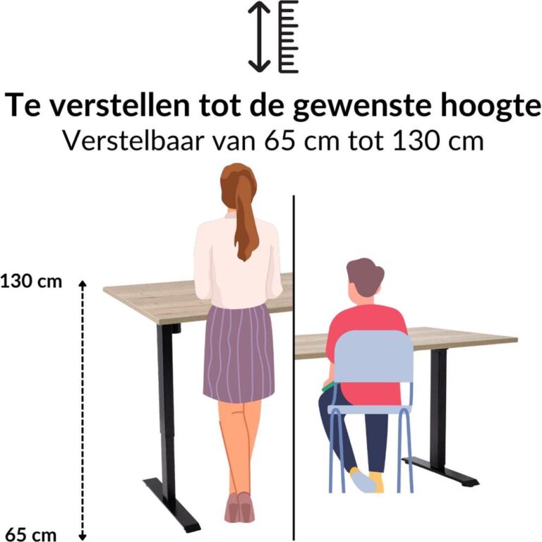 Illustratie van een verstelbaar bureau met een hoogtevariatie van 65 cm tot 130 cm. Een vrouw staat naast het bureau en een kind zit op een stoel, wat de instelbaarheid van de hoogte benadrukt.