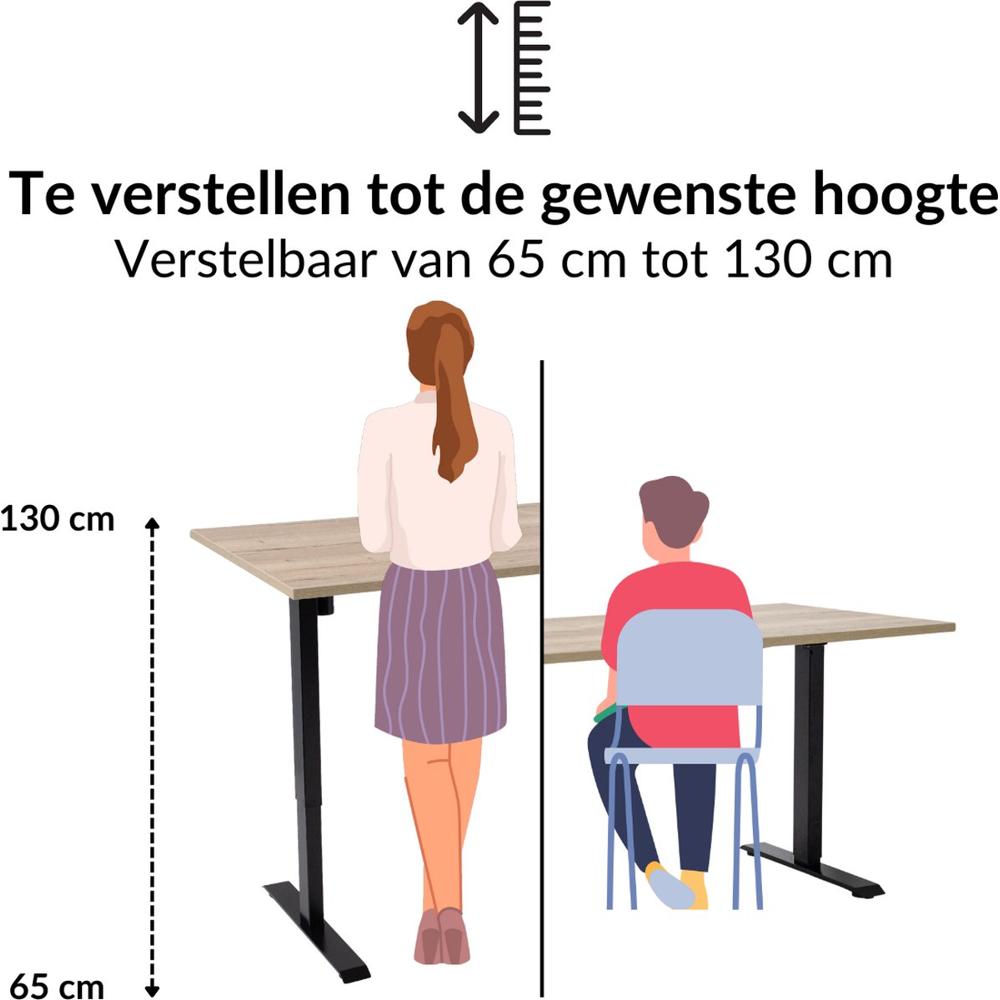 Illustratie van een verstelbaar bureau met een hoogtevariatie van 65 cm tot 130 cm. Een vrouw staat naast het bureau en een kind zit op een stoel, wat de instelbaarheid van de hoogte benadrukt.
