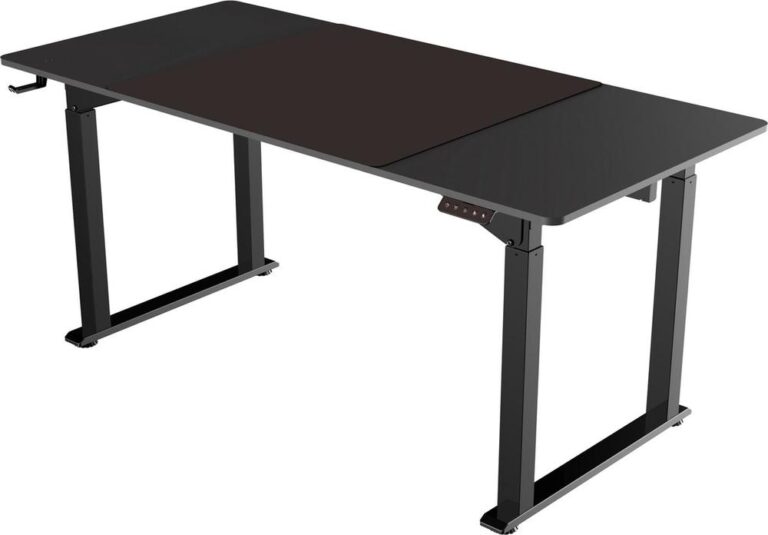 Zwarte verstelbare bureau met een moderne uitstraling en een stevige metalen basis. Het bureau heeft een ingebouwd bedieningspaneel aan de zijkant voor hoogte-instelling.